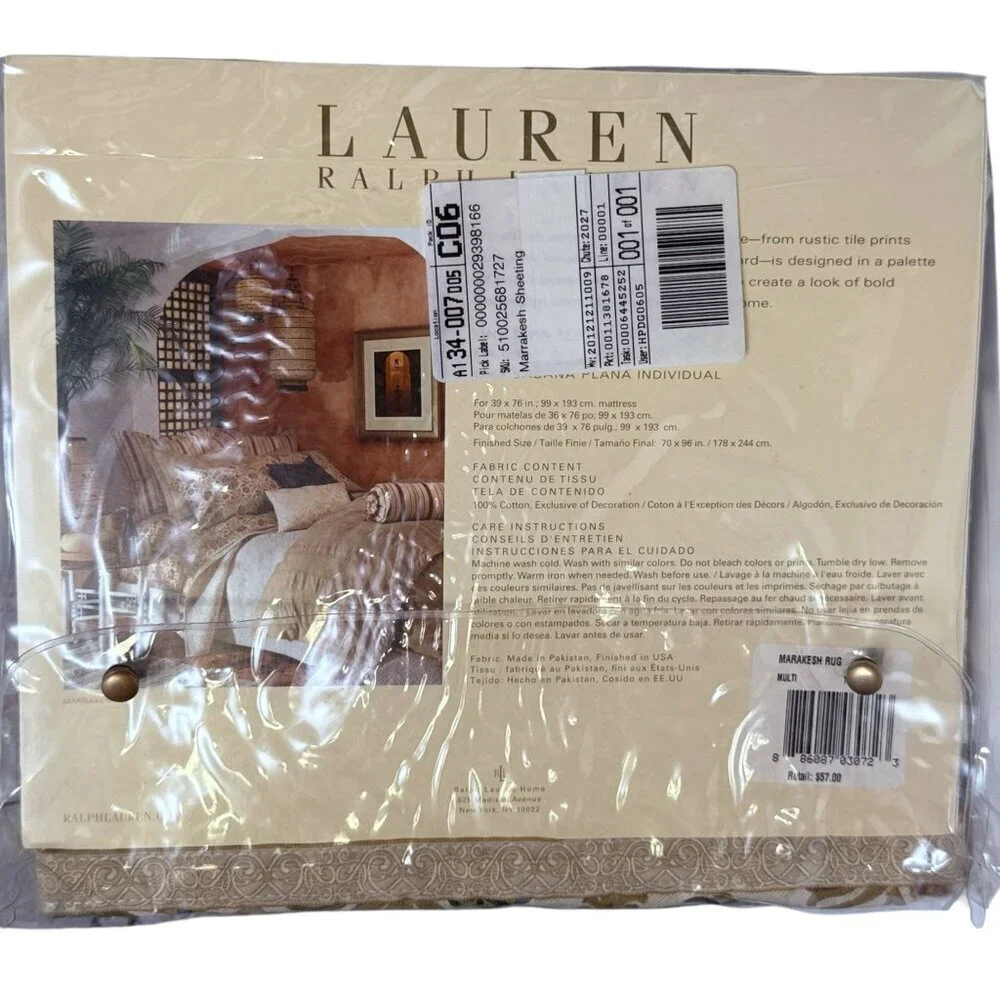 LAUREN Ralph Lauren Twin Flat Sheet Beige Marakesh Paisley 100% Cotton NEW